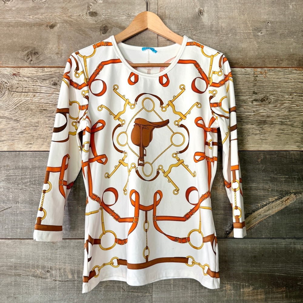 J.McLaughlin Catalina Cloth Equestrian Saddle Print Top M Old Money Preppy Horse